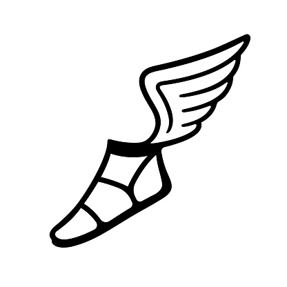Ancient Greek sandal with wings. Simple black and white vector icon.