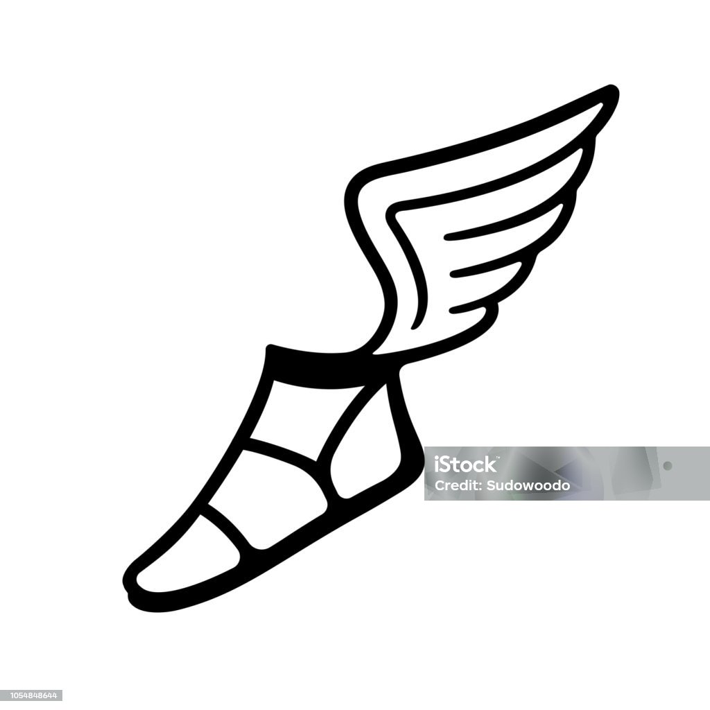 Greek sandal with wings Ancient Greek sandal with wings. Simple black and white vector icon. Animal Wing stock vector