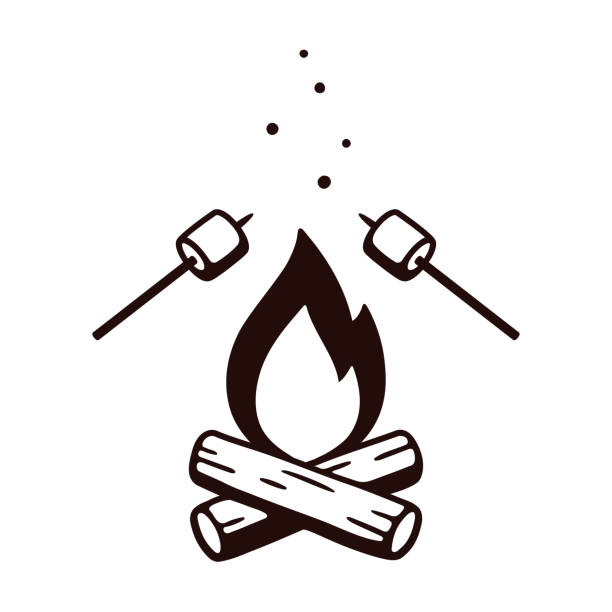 ilustraciones, imágenes clip art, dibujos animados e iconos de stock de fogata y malvaviscos - computer icon flame symbol black and white