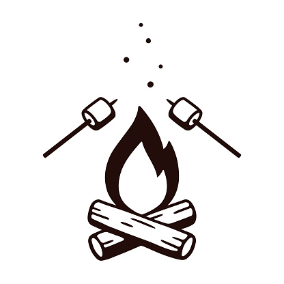 Black and white drawing of bonfire and marshmallows on stick. Simple retro style camping illustration, isolated vector clip art.