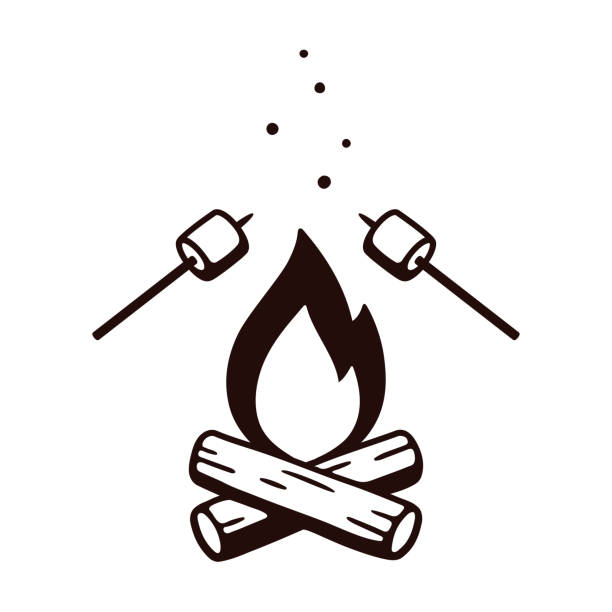 Bonfire and marshmallows Black and white drawing of bonfire and marshmallows on stick. Simple retro style camping illustration, isolated vector clip art. flame clipart stock illustrations