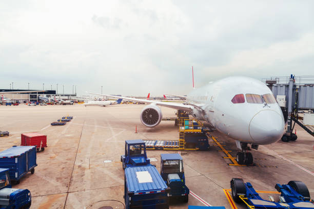 blick auf flugzeug-vorderseite auf asphalt mit fracht am flughafen - airport usa business ohare airport stock-fotos und bilder