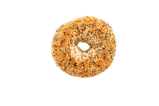Bagel with poppy seeds, directly above. Isolated on white background.