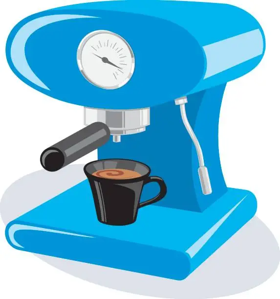 Vector illustration of Graphic icon of a blue espresso machine with a black cup