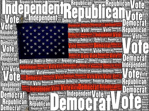 American flag with VOTE theme. USA flag with voting and election theme words overlaid. Conceptual image.