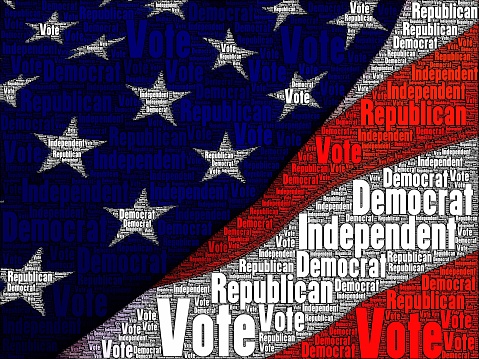 American flag with VOTE theme. USA flag with voting and election theme words overlaid. Conceptual image.