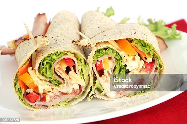 Ham Sandwich Wrap Sliced In Half Stock Photo - Download Image Now - Mayonnaise, Wrap Sandwich, Bell Pepper