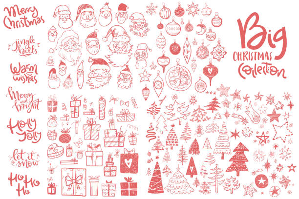 Amazing doodle icons collection. Hand kids drawn sketches. Christmas trees, gift box, star, Santa face, decorations, hand lettering compositions. Amazing doodle icons collection. Hand kids drawn sketches. Christmas trees, gift box, star, Santa face, decorations, hand lettering compositions. Big set. christmas drawings stock illustrations