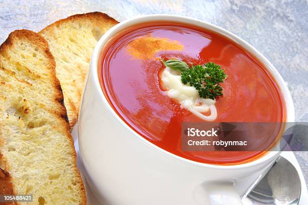 Tomato Soup With Toasted Turkish Bread Stock Photo - Download Image Now - Appetizer, Basil, Blue