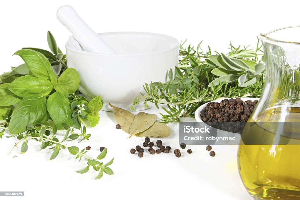 Mortar and Pestle with Fresh Herbs  Basil Stock Photo