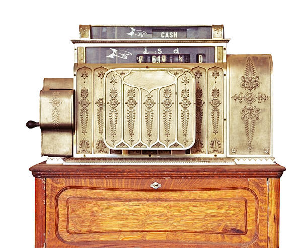 Antique cash register sign reads one dollar.  Rust and grime collects on register's metal and glass body.