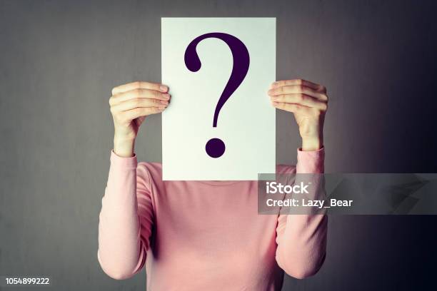 Anonymous Woman Covering Face With Paper Stock Photo - Download Image Now - Identity, Mystery, Question Mark