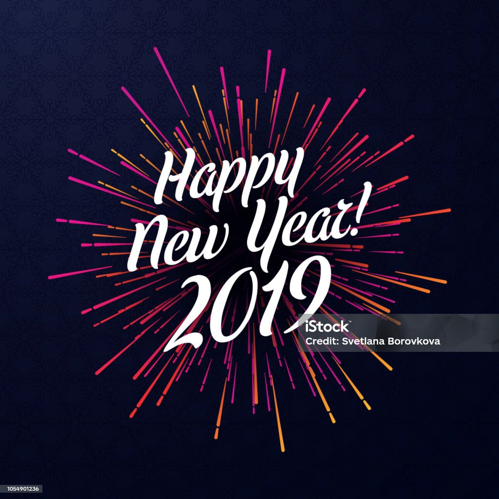 Happy New Year 2019 poster with pink firework. Happy New Year 2019 poster with pink spectrum firework. Vector background. Firework Display stock vector