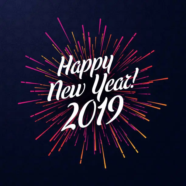 Vector illustration of Happy New Year 2019 poster with pink firework.