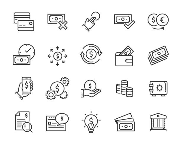 ilustraciones, imágenes clip art, dibujos animados e iconos de stock de conjunto de iconos de la línea de dinero, como moneda, por ciento digital, finanzas, - currency conversion