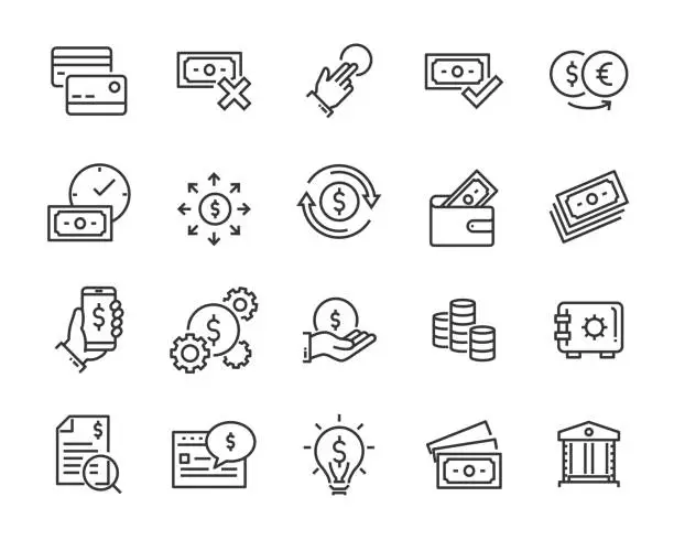 Vector illustration of set of money line icons, such as currency, finance, digital, percent