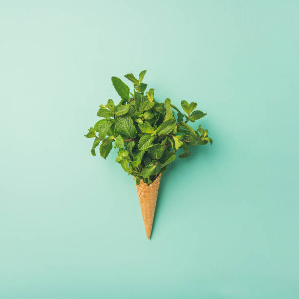 istock Flat-lay of sweet waffle ice-cream cone with bunch 1054906636