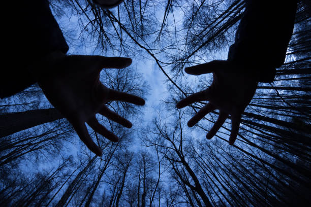 istock ghostly silhouette in spooky dark forest. halloween concept 1054907634