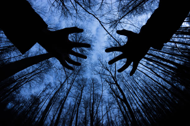 istock ghostly silhouette in spooky dark forest. halloween concept 1054907644