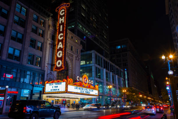 Chicago, IL, United States - October 14, 2018: Night shot of The Chicago Theatre, one of Chicago's landmarks located at 175 N State St.