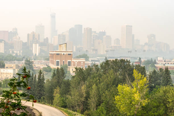 Edmonton City downtown covwerd with heavy wildfire smoke