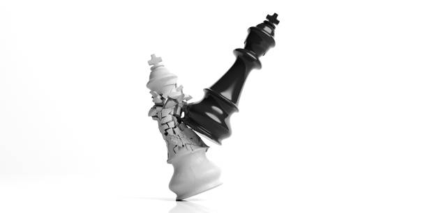 white chess king broken by the black king, isolated on white background. 3d illustration - chess king chess chess piece black imagens e fotografias de stock