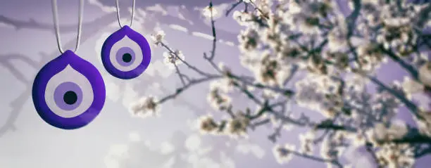 Photo of Almond or apple tree blooming in spring on blue sky background, close up view with details