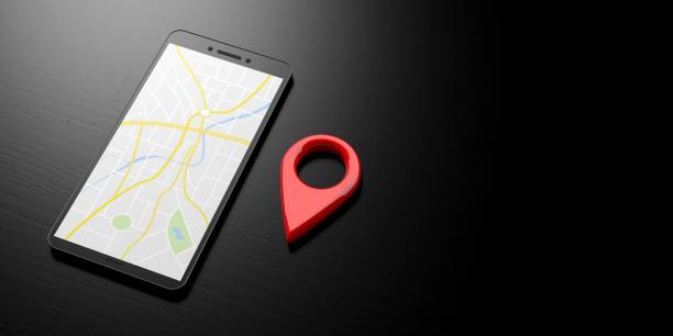 istock Map pointer location on a smartphone. Map on a smartphone screen and red location symbol on a black background, banner, copy space. 3d illustration 1054910966
