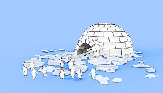 Eskimo Igloo icehouse Snowhouse and penguins on Blue background / Illustration