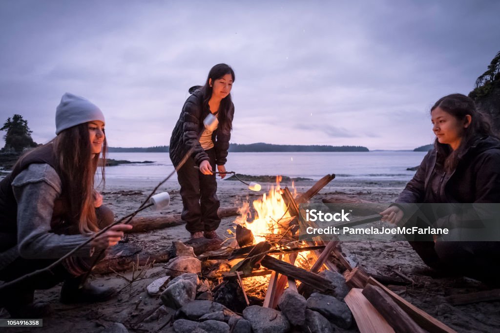 Young Women Roasting Marshmallows on Campfire on Remote, Winter Beach Mixed ethnic, Eurasian sisters roast marshmallows on sticks.  Bamfield, Vancouver Island, British Columbia, Canada. Beach Stock Photo