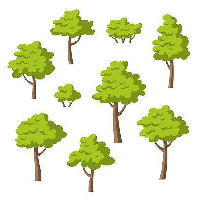 Collection of some different cartoon trees and bushes. Isolated on white background.
