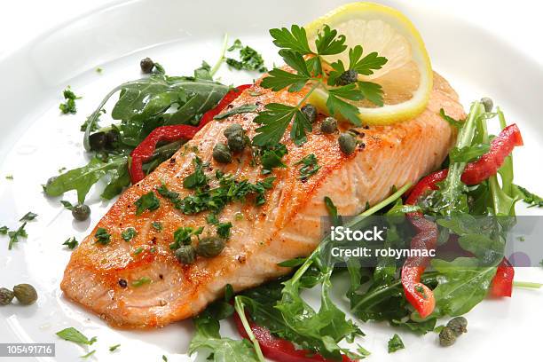 Salmon Dinner Stock Photo - Download Image Now - Grilled, Plate, White Background