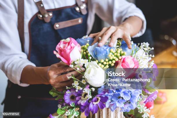 Arranging Artificial Flowers Vest Decoration At Home Young Woman Florist Work Making Organizing Diy Artificial Flower Craft And Hand Made Concept Stock Photo - Download Image Now