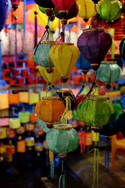 Close up of vibrant color lantern at lanterns street, district 5, Ho chi Minh city, Vietnam