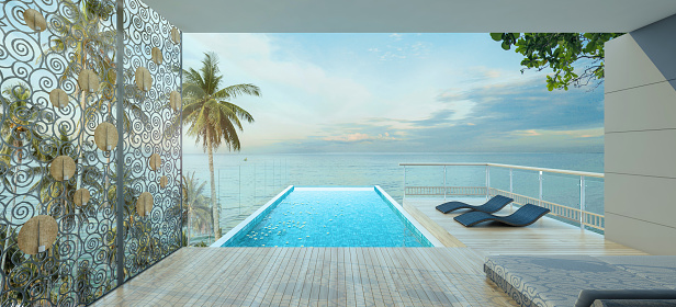 Terrace open doors overlooks to borderless swimming pool and sea view, 3d rendering