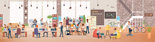 People Work in Office. Coworking Workspace. Vector Coworking Workspace. Office Fun. People Work in Office. Happy Workers in Workplace. Men and Women Work. Corporate Culture in Company. Cheerful Working Day. Vector Flat Illustration. working backgrounds stock illustrations