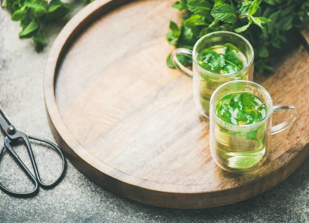 istock Hot herbal mint tea in glass mugs, copy space 1054925852