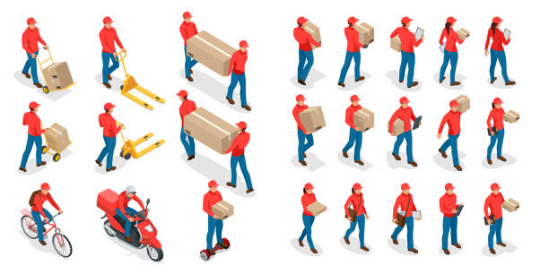 ilustrações de stock, clip art, desenhos animados e ícones de isometric big set of delivery man and woman in uniform holding boxes and documents in different poses. collection delivery service workers isolated on white background. - caixa ilustrações