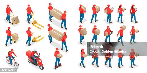 Isometric Big Set Of Delivery Man And Woman In Uniform Holding Boxes And Documents In Different Poses Collection Delivery Service Workers Isolated On White Background Stock Illustration - Download Image Now