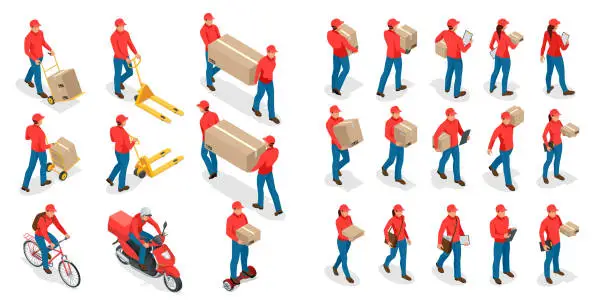 Vector illustration of Isometric big set of delivery man and woman in uniform holding boxes and documents in different poses. Collection delivery service workers isolated on white background.