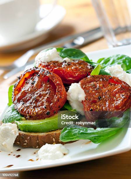 Tomato And Avocado Open Sandwich Stock Photo - Download Image Now - Avocado, Bread, Cheese