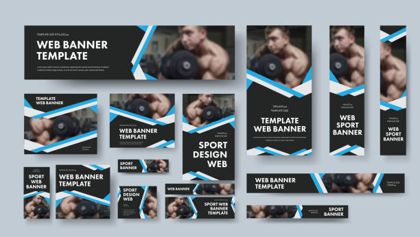 Set of black vector web banners of different sizes with intersecting ribbons. Set of black vector web banners of different sizes with intersecting ribbons. Design for sports, business and advertising. ad templates stock illustrations
