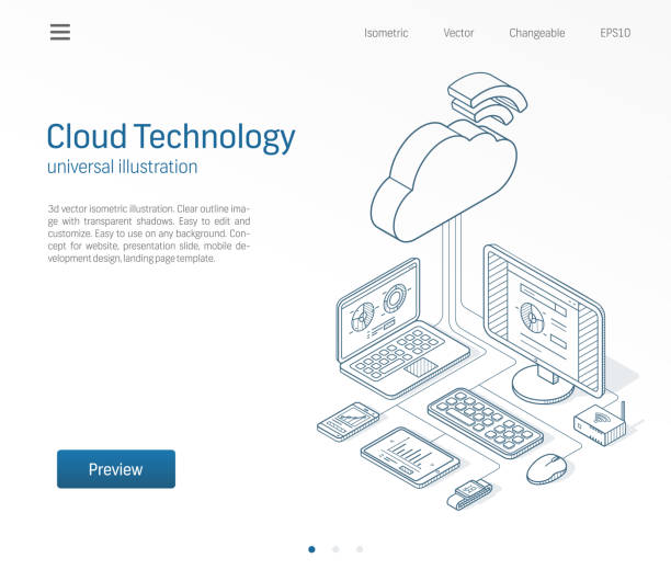 ilustrações de stock, clip art, desenhos animados e ícones de cloud computing technology modern isometric line illustration. database, online server, internet platform business sketch drawn icons set. information storage network concept. - cloud computer equipment network server computer