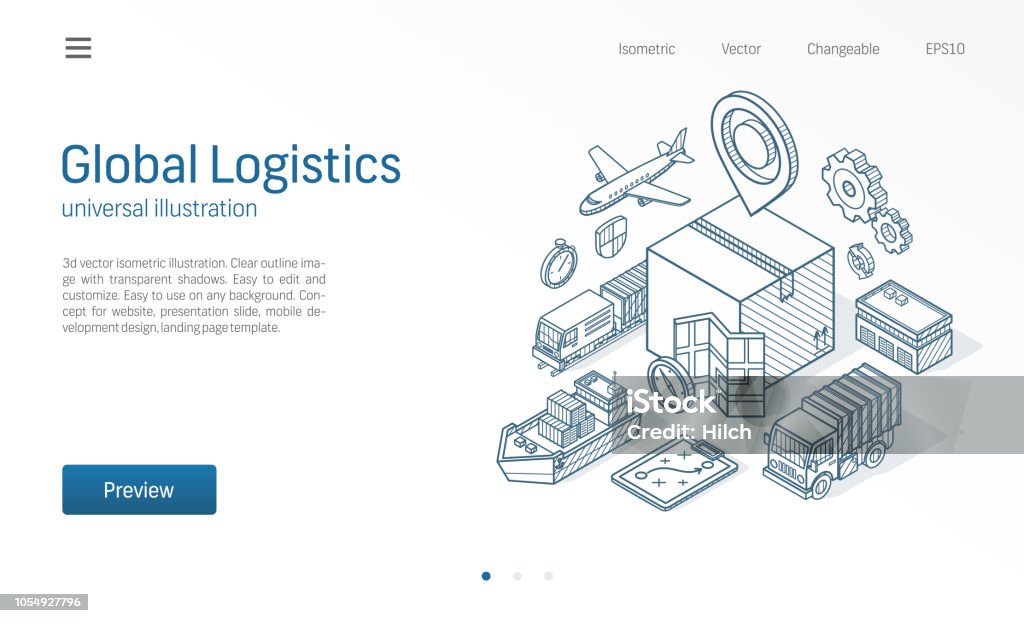 Globale Logistik-moderne Linie isometrische Darstellung. Exportieren, importieren, Business warehouse, Skizze gezeichnet Symbole zu transportieren. Kistenlagerung, Vertrieb, Cargo-Lieferung-Konzept. - Lizenzfrei Fracht Vektorgrafik