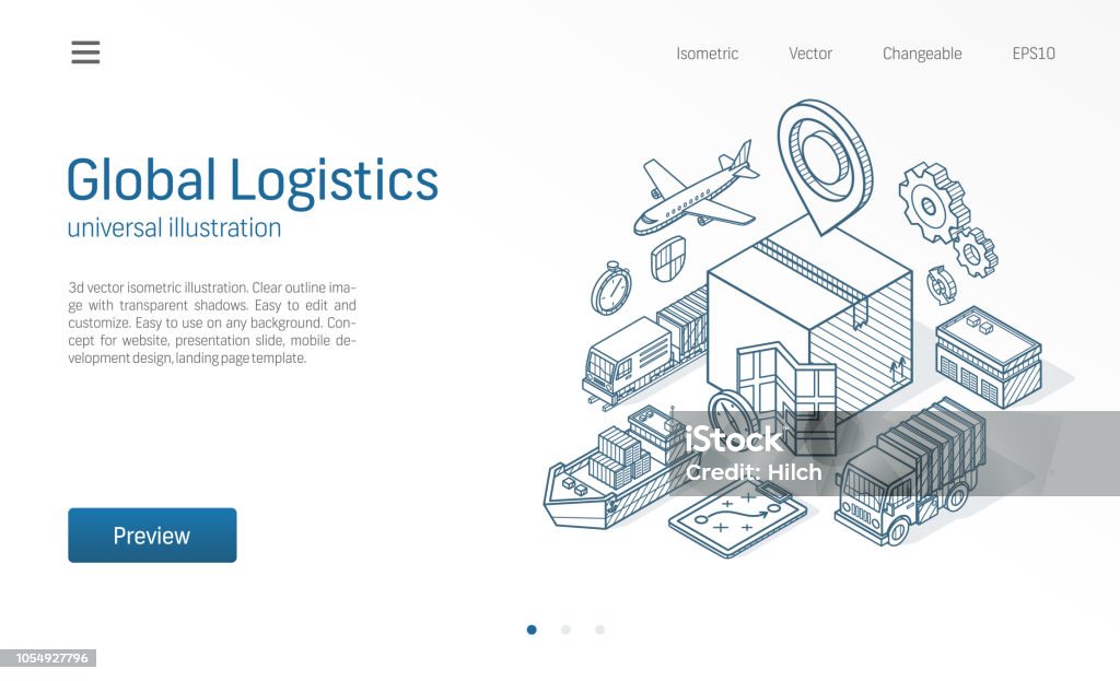 Ilustração de serviço global de logística moderna linha isométrica. Exportação, importação, negócios do armazém, esboço desenhado ícones de transporte. Caixa de armazenamento, distribuição, conceito de entrega de carga. - Vetor de Frete royalty-free