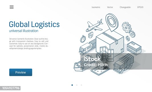 istock Global logistic service modern isometric line illustration. Export, import, warehouse business, transport sketch drawn icons. Box storage, distribution, cargo delivery concept. 1054927796