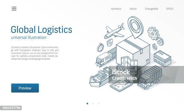 Global Logistic Service Modern Isometric Line Illustration Export Import Warehouse Business Transport Sketch Drawn Icons Box Storage Distribution Cargo Delivery Concept Stock Illustration - Download Image Now