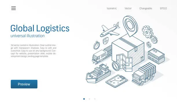 Vector illustration of Global logistic service modern isometric line illustration. Export, import, warehouse business, transport sketch drawn icons. Box storage, distribution, cargo delivery concept.
