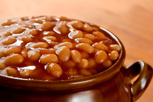 Baked beans in a cast iron skillet