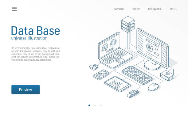 Database, big data, host server modern isometric line illustration. Datacenter, file protection center business sketch drawn icons. Information storage network concept. Database, big data, host server modern isometric line illustration. Datacenter, file protection center business sketch drawn icons. Abstract 3d vector background. Information storage network concept. data transfer stock illustrations